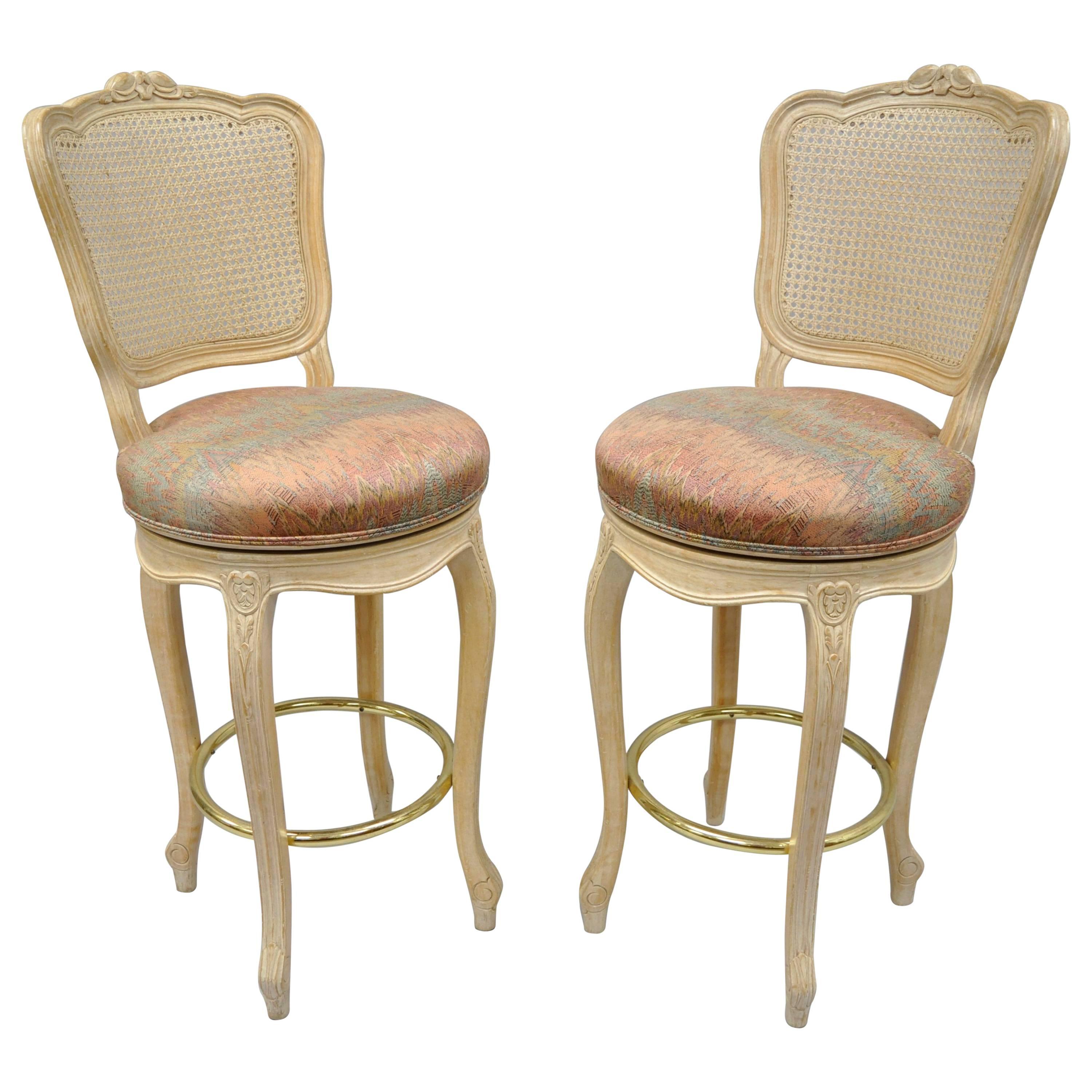 French Country Louis XV Style Vintage Cane Back Swivel Bar Stools Chair, a Pair