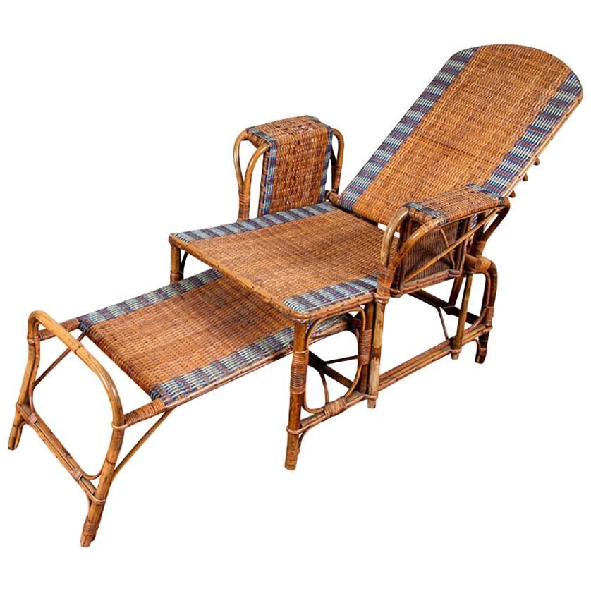 1920s Rattan and Wicker Lounge Chair with Ottoman