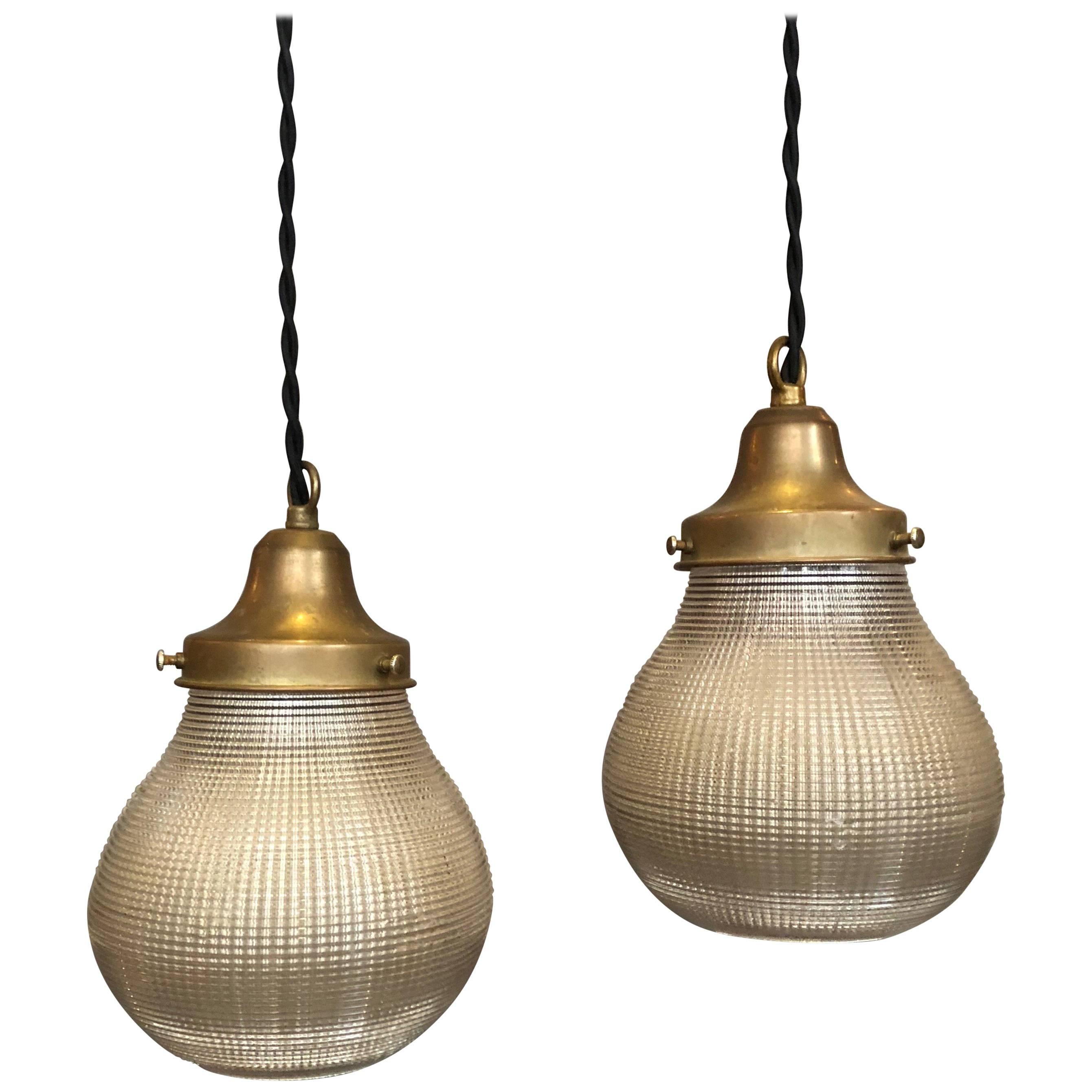 Pair of Industrial Open Prismatic Holophane Glass Pear Pendant Lights