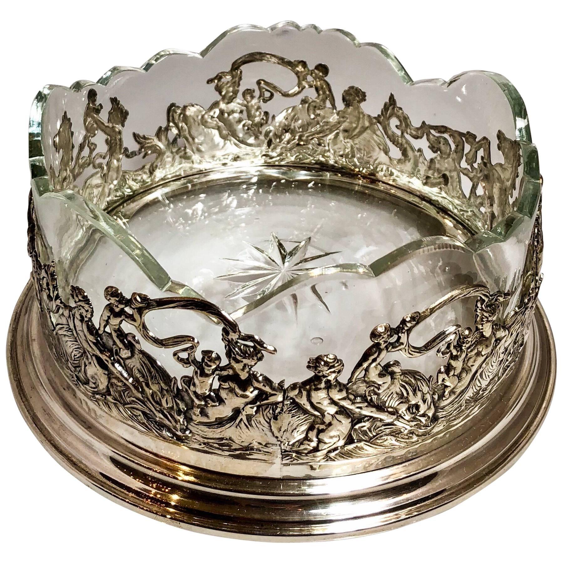 Antique Continental Silver Wine Coaster with Crystal Liner, circa 1900-1910