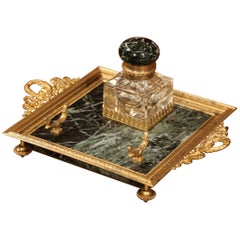 19th Century French Louis XVI Brass and Green Marble Inkwell