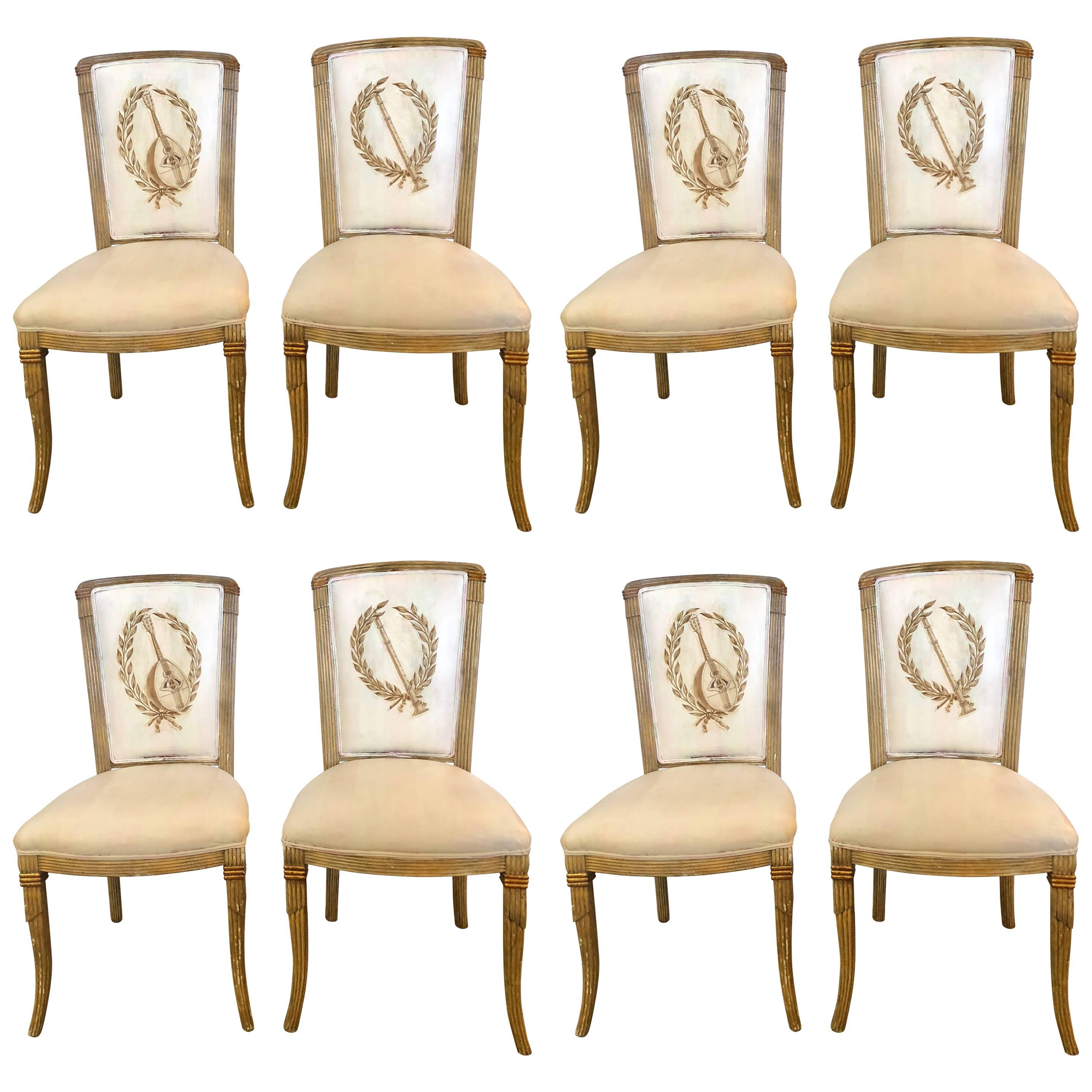 Set of Eight Maison Jansen Dining Chairs Each Having a Custom Painted Back Rest