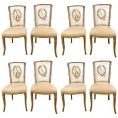 Set of Eight Maison Jansen Dining Chairs Each Having a Custom Painted Back Rest