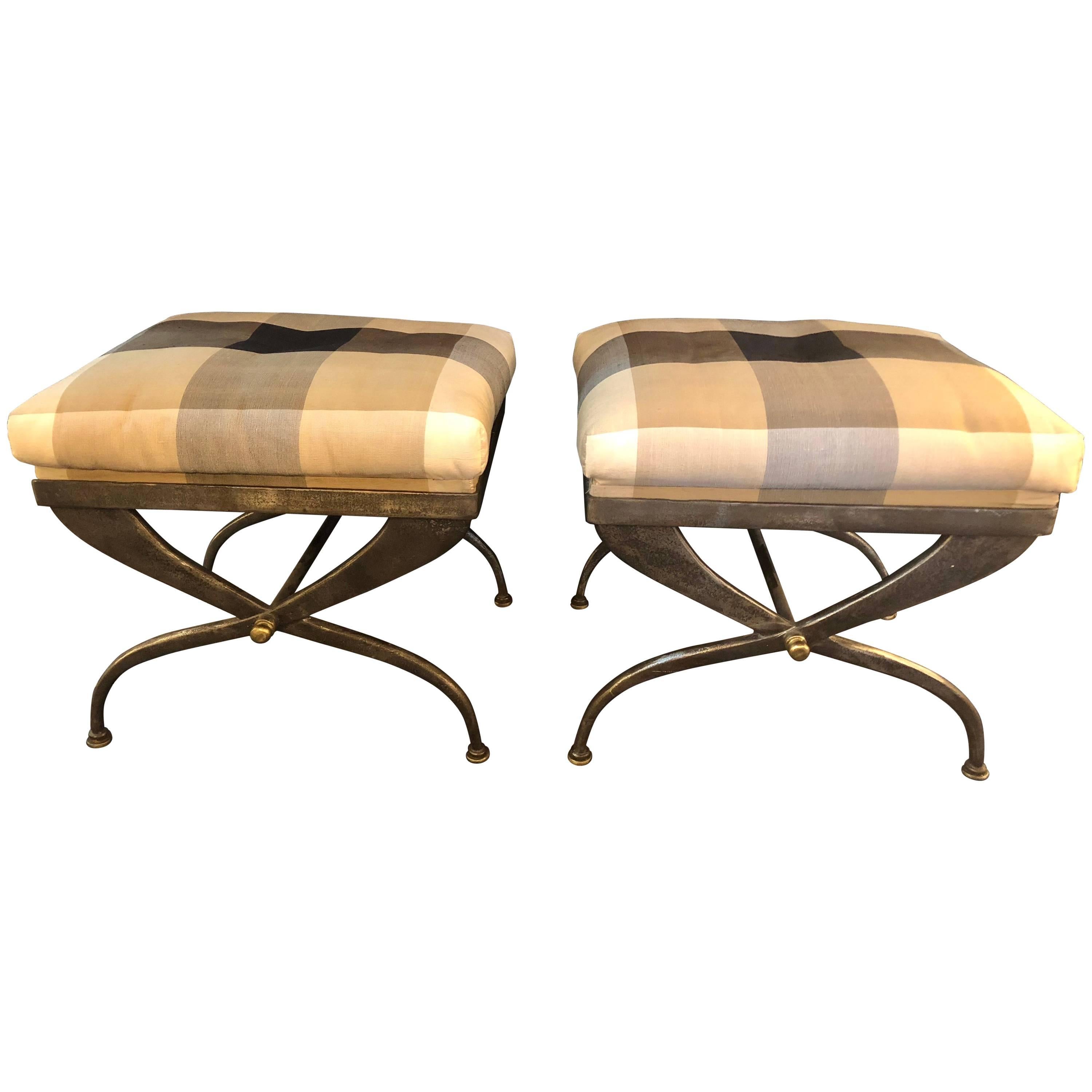 Pair of Maison Jansen Footstools or Benches X-Design Steel and Bronze-Mounted