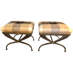 Vintage Pair of Maison Jansen Footstools or Benches X-Design Steel and Bronze-Mounted