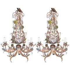 Pair of Silver Overlay Metal Chandeliers with Glass Murano Flowers Six Lights
