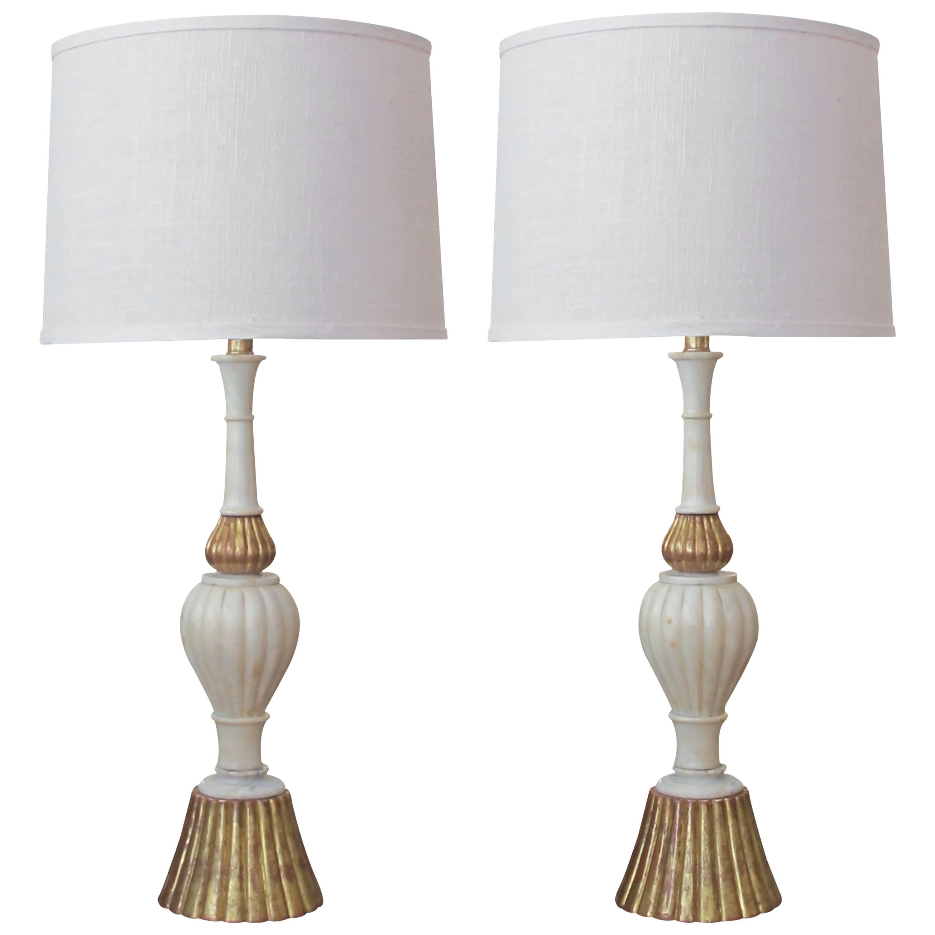 Shapely Pair of Italian Baluster-Form Carrara Marble Lamps with Giltwood Mounts