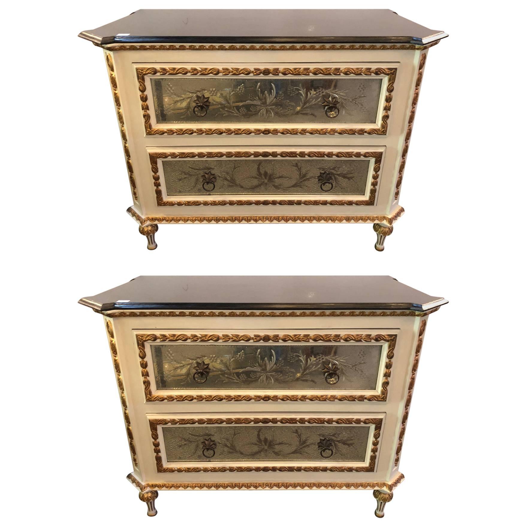 Pair of Painted Parcel-Gilt Etched Mirror Marble Top Commodes by Maison Jansen