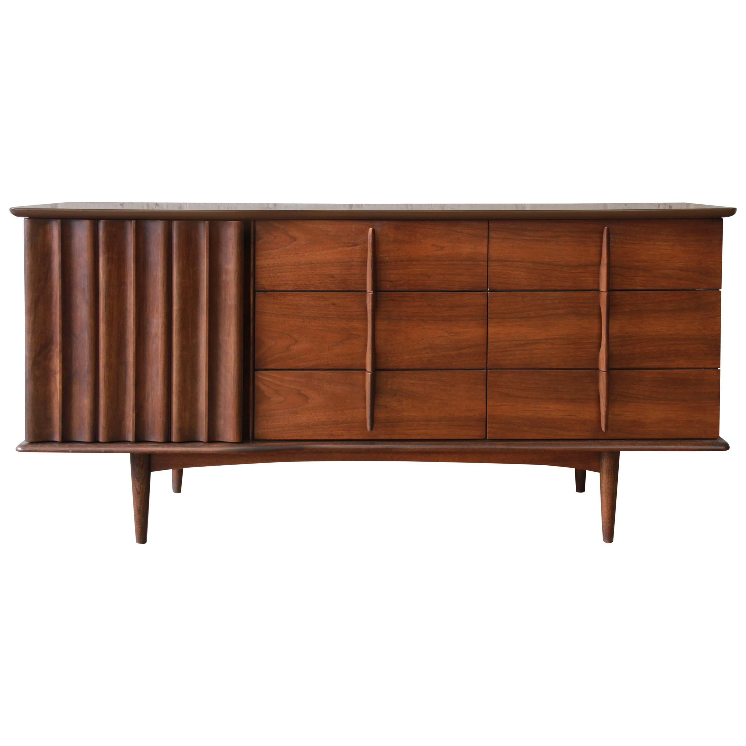 Mid-Century Modern Sculpted Walnut Triple Dresser or Credenza by United, 1960s