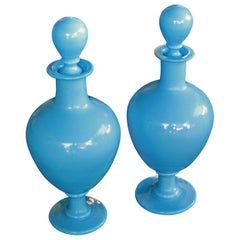 Striking Pair of French Antique Pale Blue Opaline Decanters