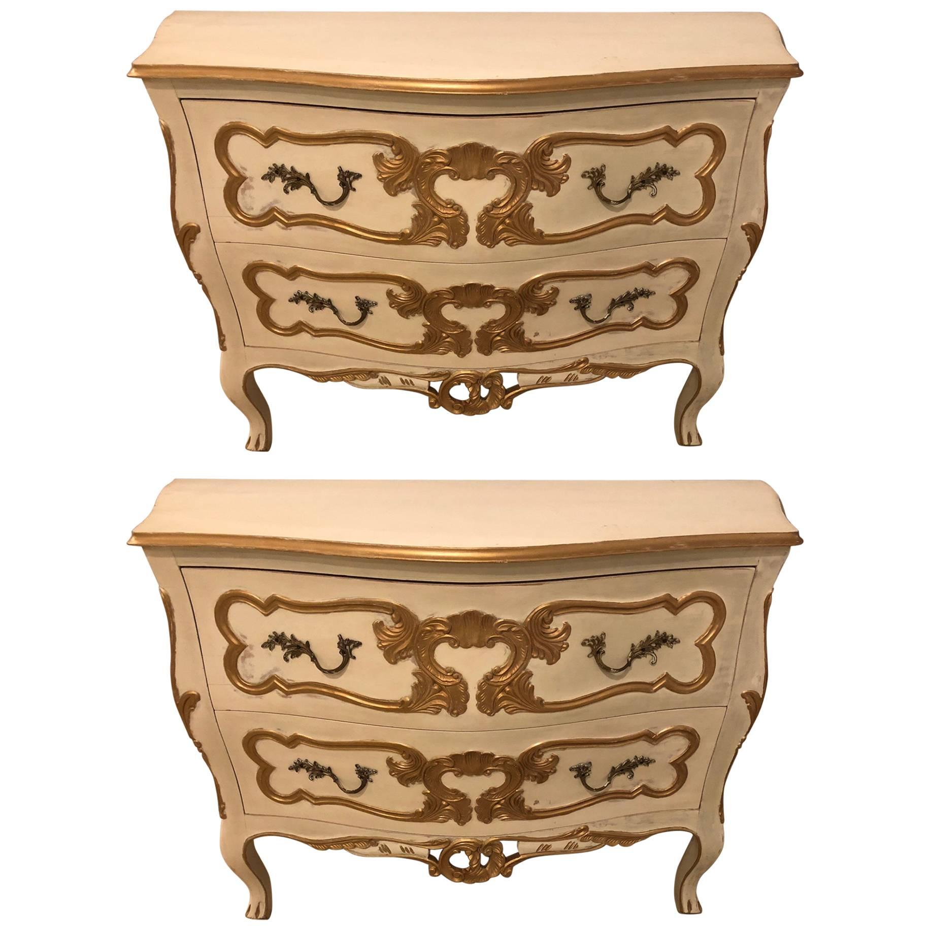 Pair of Italian Bombe Commodes or Nightstands Parcel Paint and Gilt Decorated