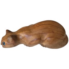 Early 20th Century Quality Carved Cat in Attacking Position with Blue Glass Eyes