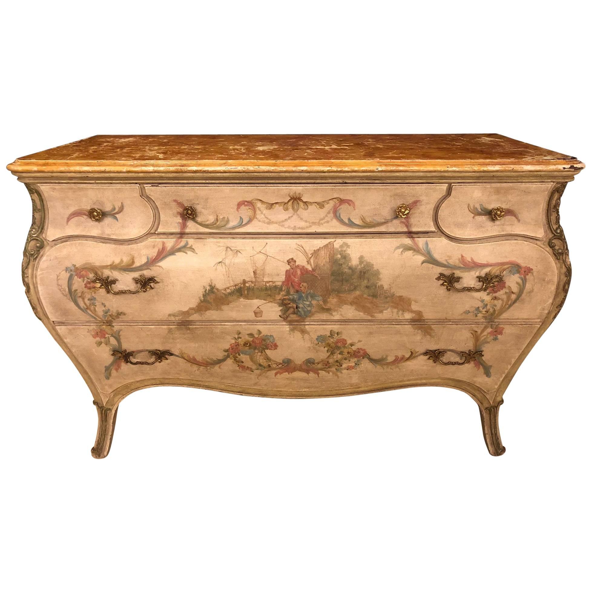 Venetian Scenic Bombe Chinoiserie Painted Commode with a Faux Marble Top For Sale