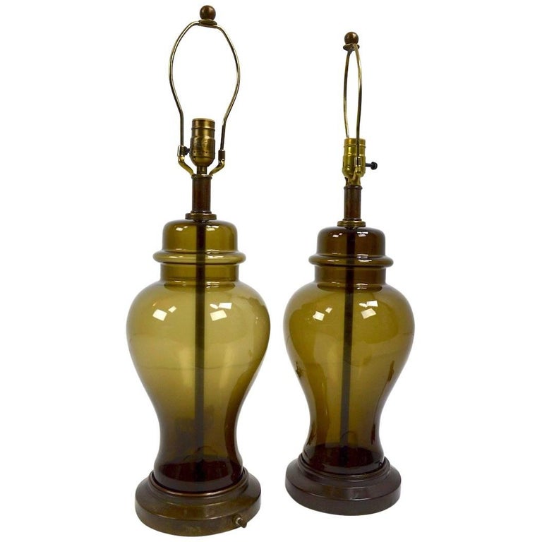 Pair of Smoked Glass Jar Form Table Lamps For Sale