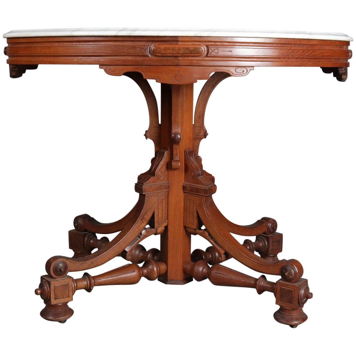 Details about   Antique Marble Top Rolling Carved Wood Parlor Table Victorian Eastlake Style 