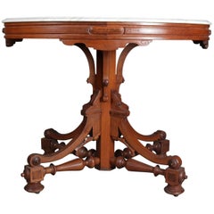 Antique Victorian Eastlake Carved Walnut & Marble Pedestal Parlor Table