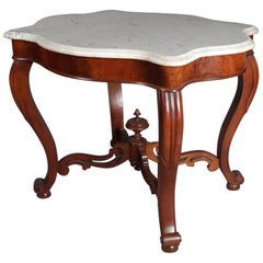 Antique Victorian Carved Walnut & Marble Turtle Back Parlor Table, 19th Century