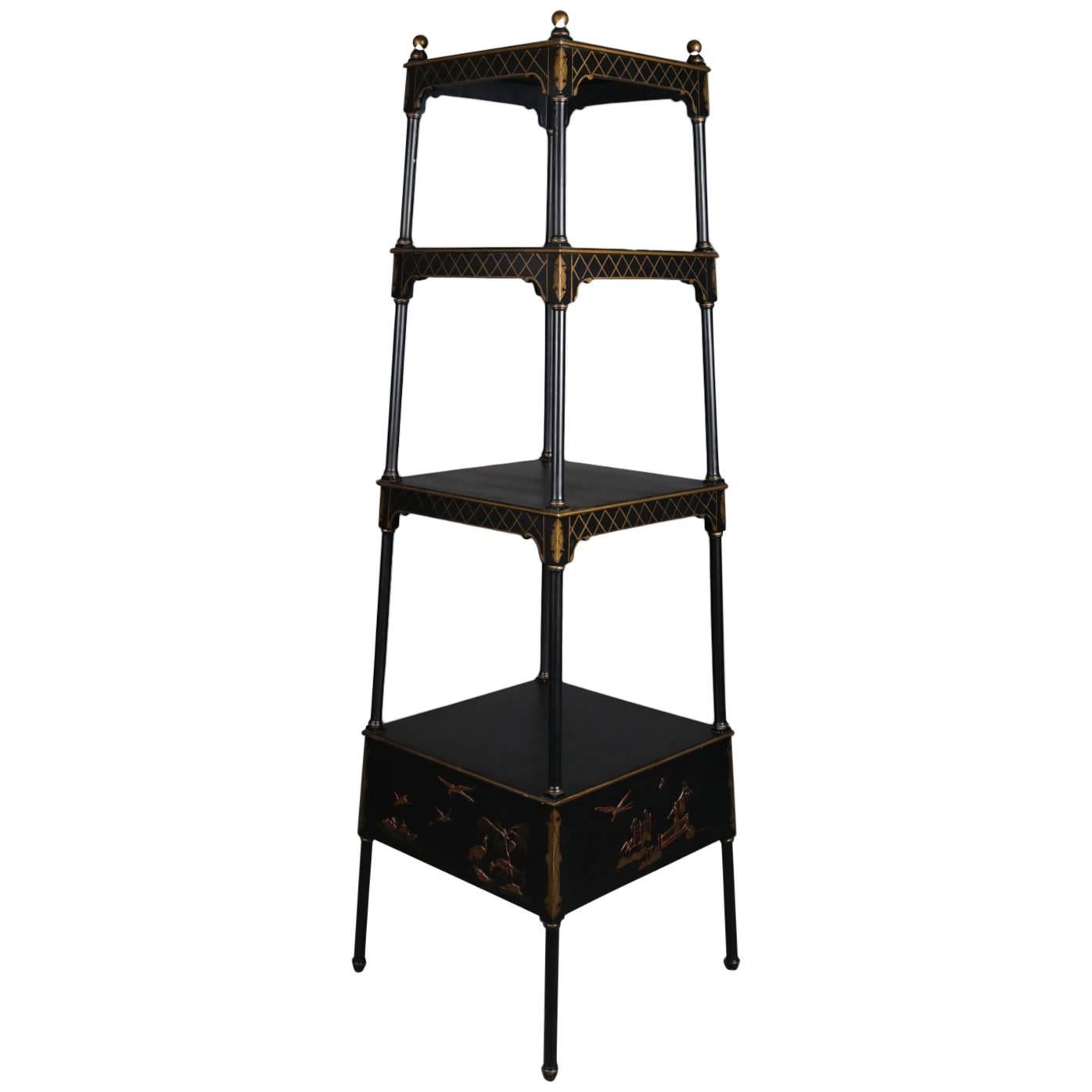 Vintage Chinoiserie Ebonized Gilt Graduated Four-Tier Display Stand