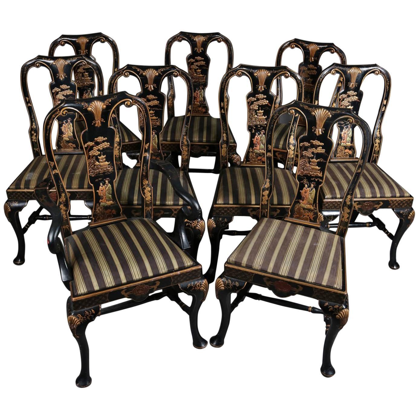 Set of Nine Chinoiserie Carved Ebonized and Gilt Dining Chairs, 20th Century