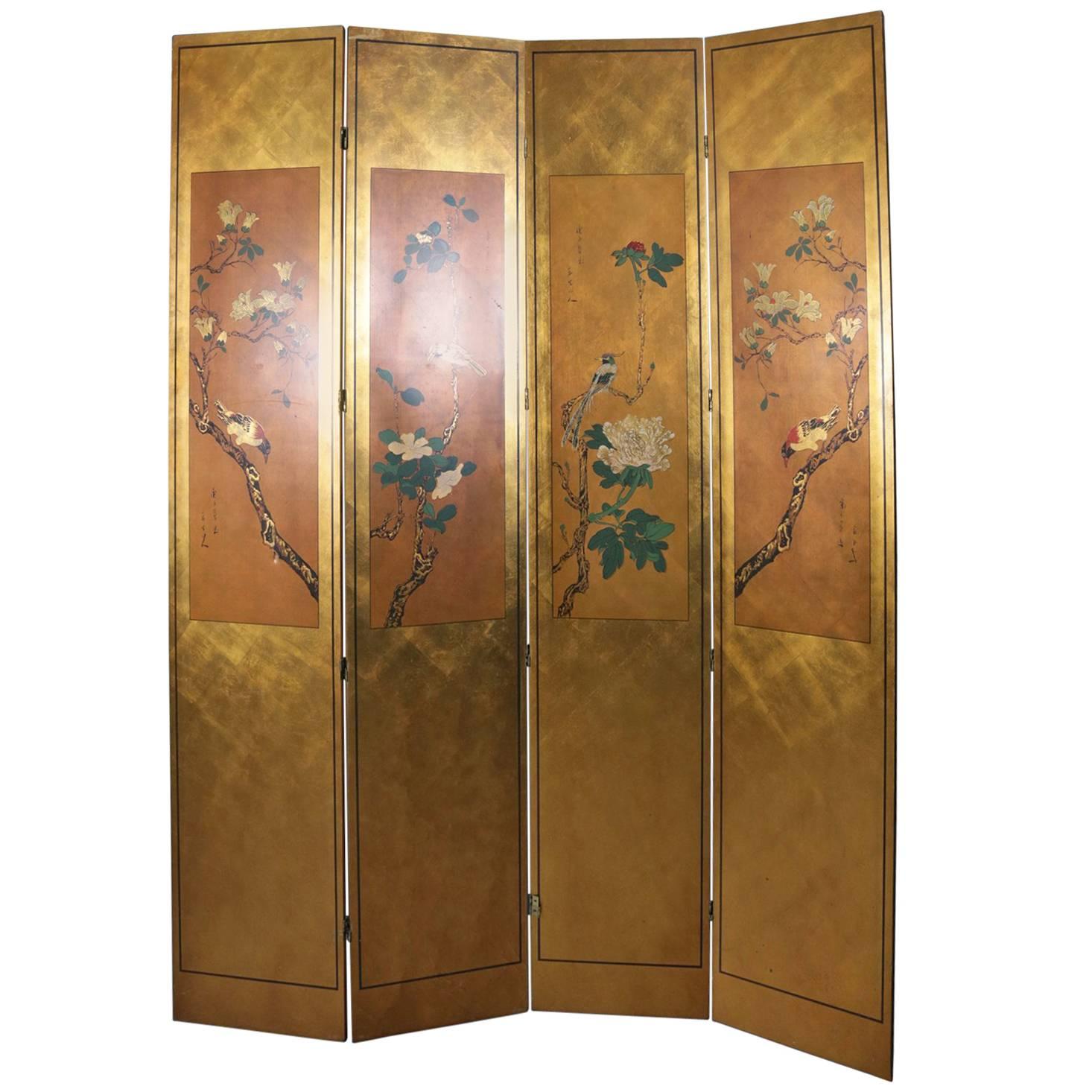 Vintage Japanese Hand-Painted Giltwood Four-Panel Privacy Screen