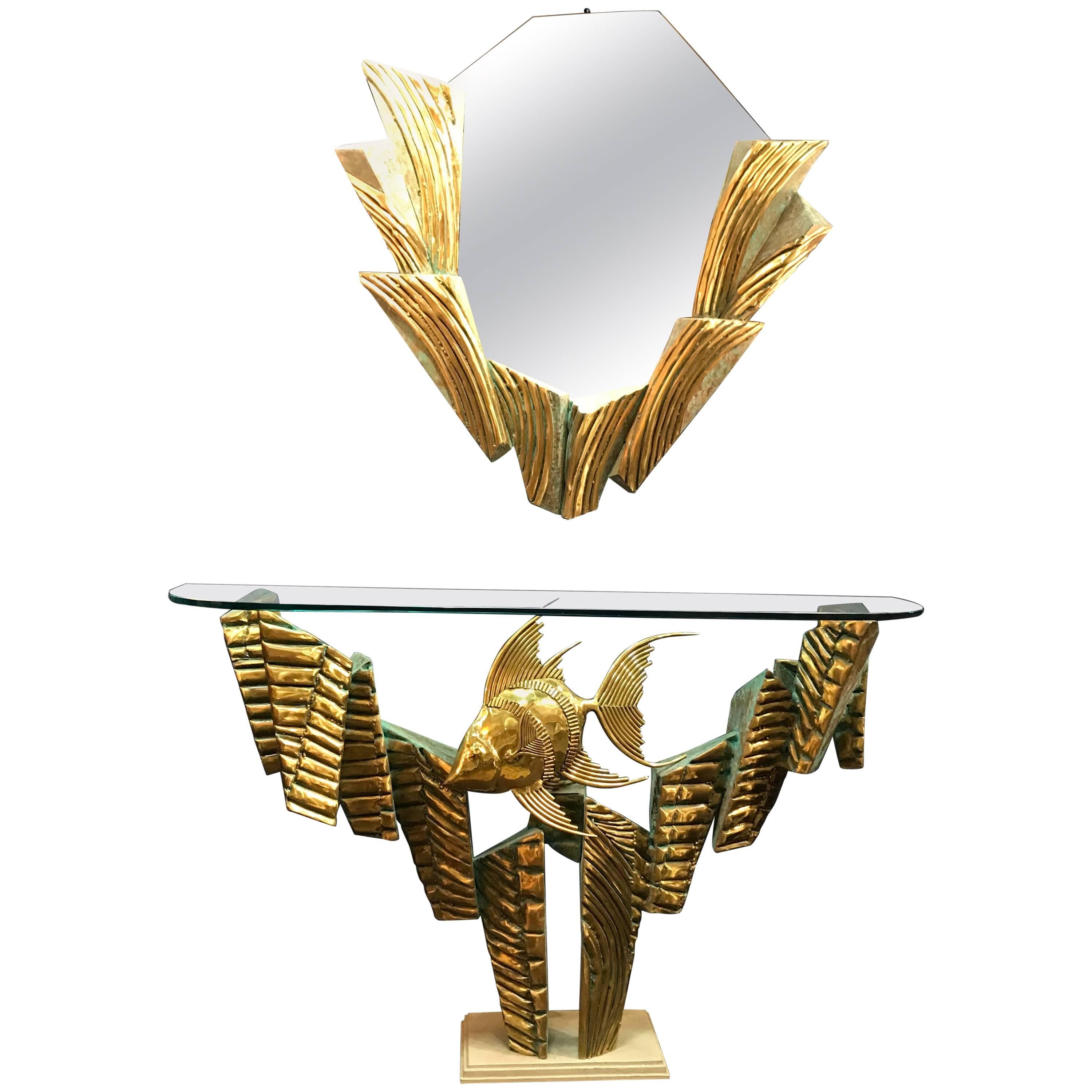 Brass Coral Console Table and Mirror by Alain Chervet