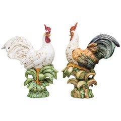 Pair of Large Ceramic Hand-Painted Cocks
