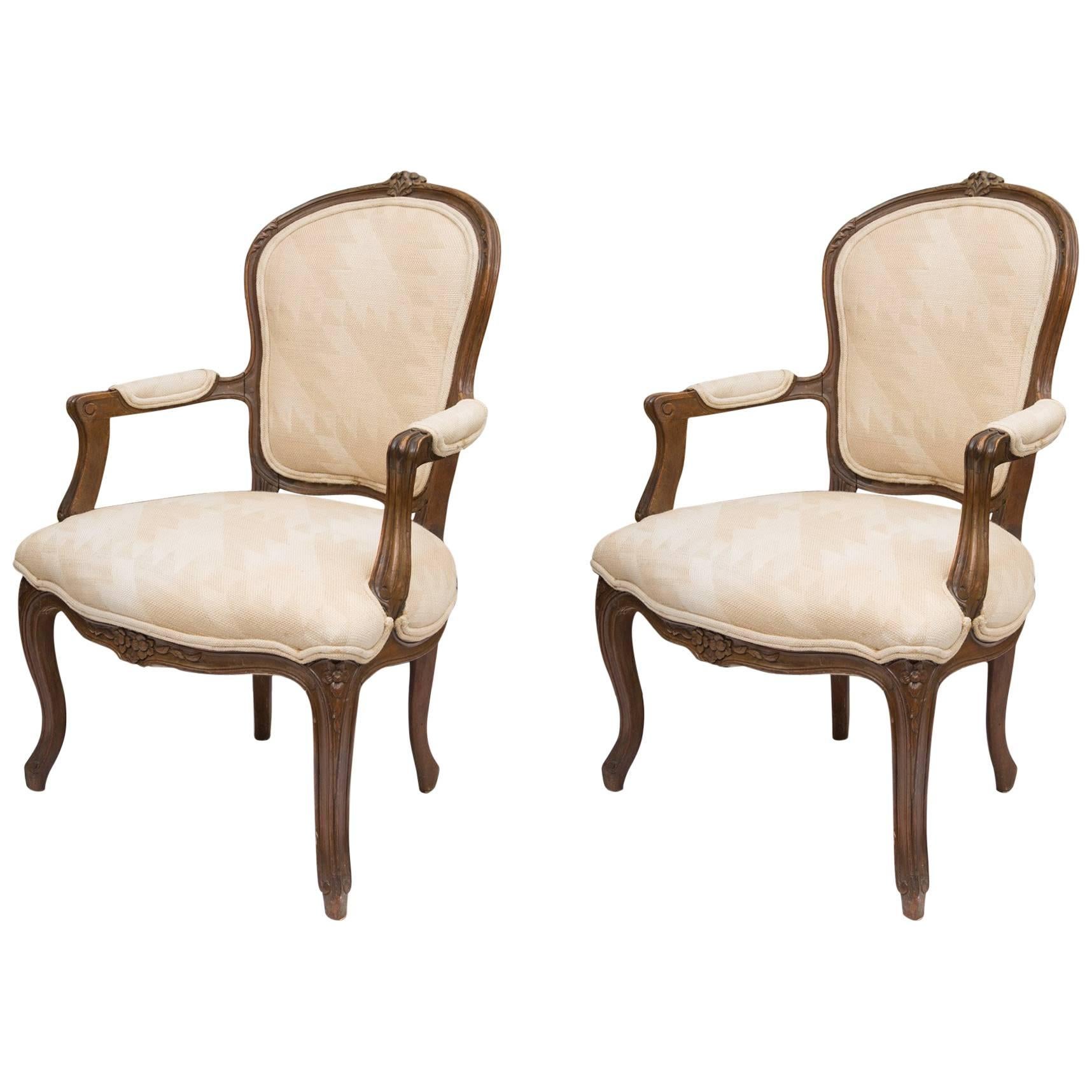 Pair of French Walnut Fauteuil Upholstered Chairs