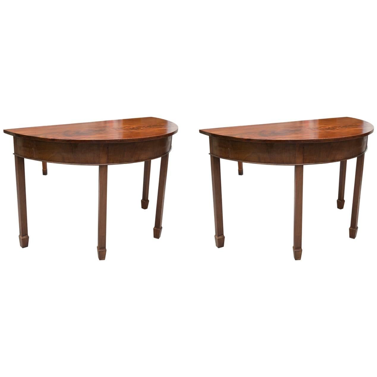 Pair of English Georgian Mahogany Demilune Console Tables