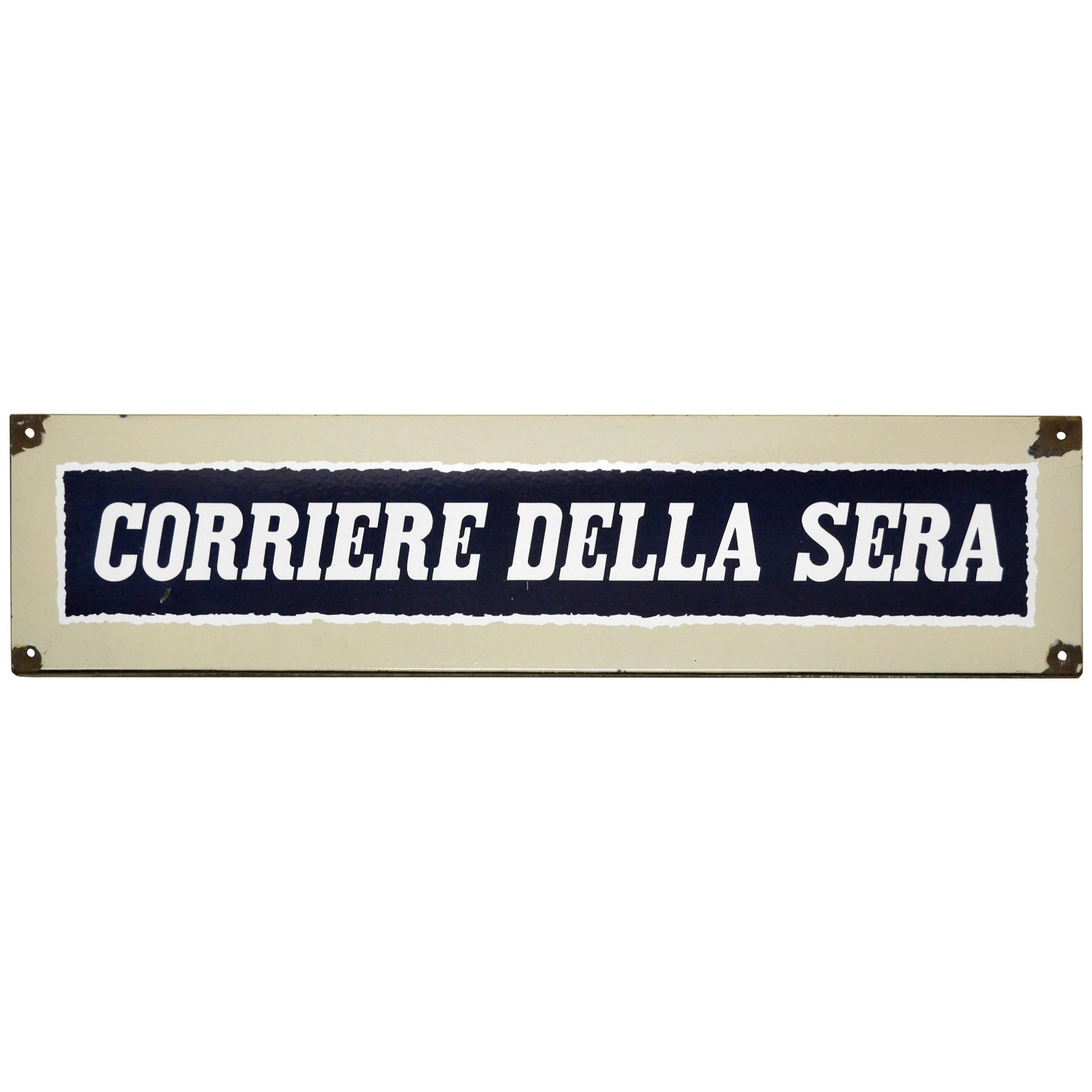 1950s Italian Vintage Enamel Blue and White Corriere Della Sera Sign