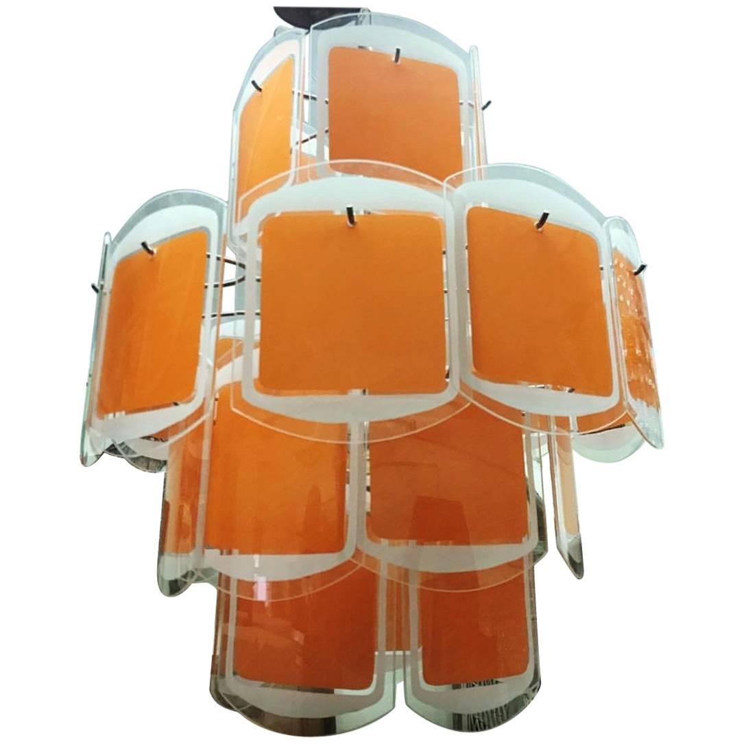 Vistosi Style Space Age Italian Orange and White Glass Chandelier circa 1970