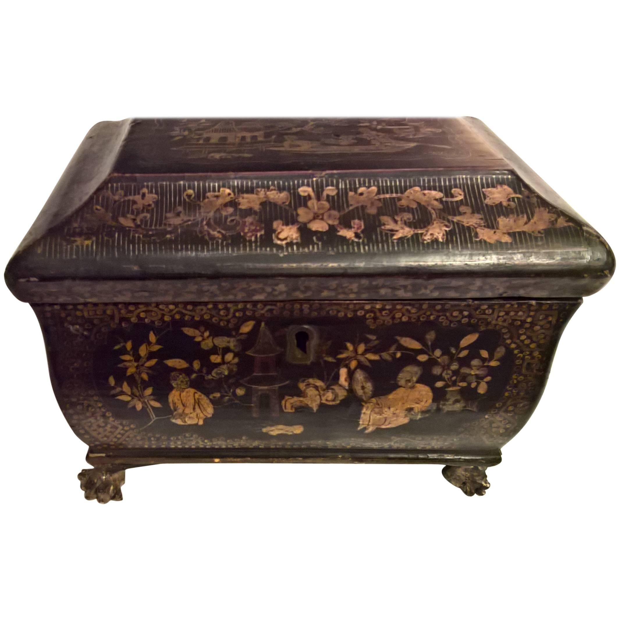 19th Century English Chinoiserie Black Gilt and Lacquered Chest