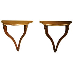 Italian 18th Century Pair of Walnut Wall Mount Curvy Console with Gilt Accents