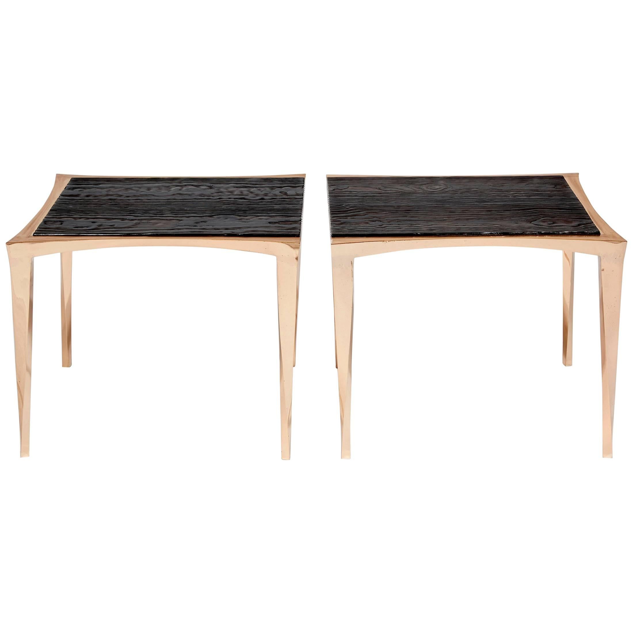 Pair of Bronze and Burnt Pinewood Side Tables by Anasthasia Millot & WH Studio For Sale