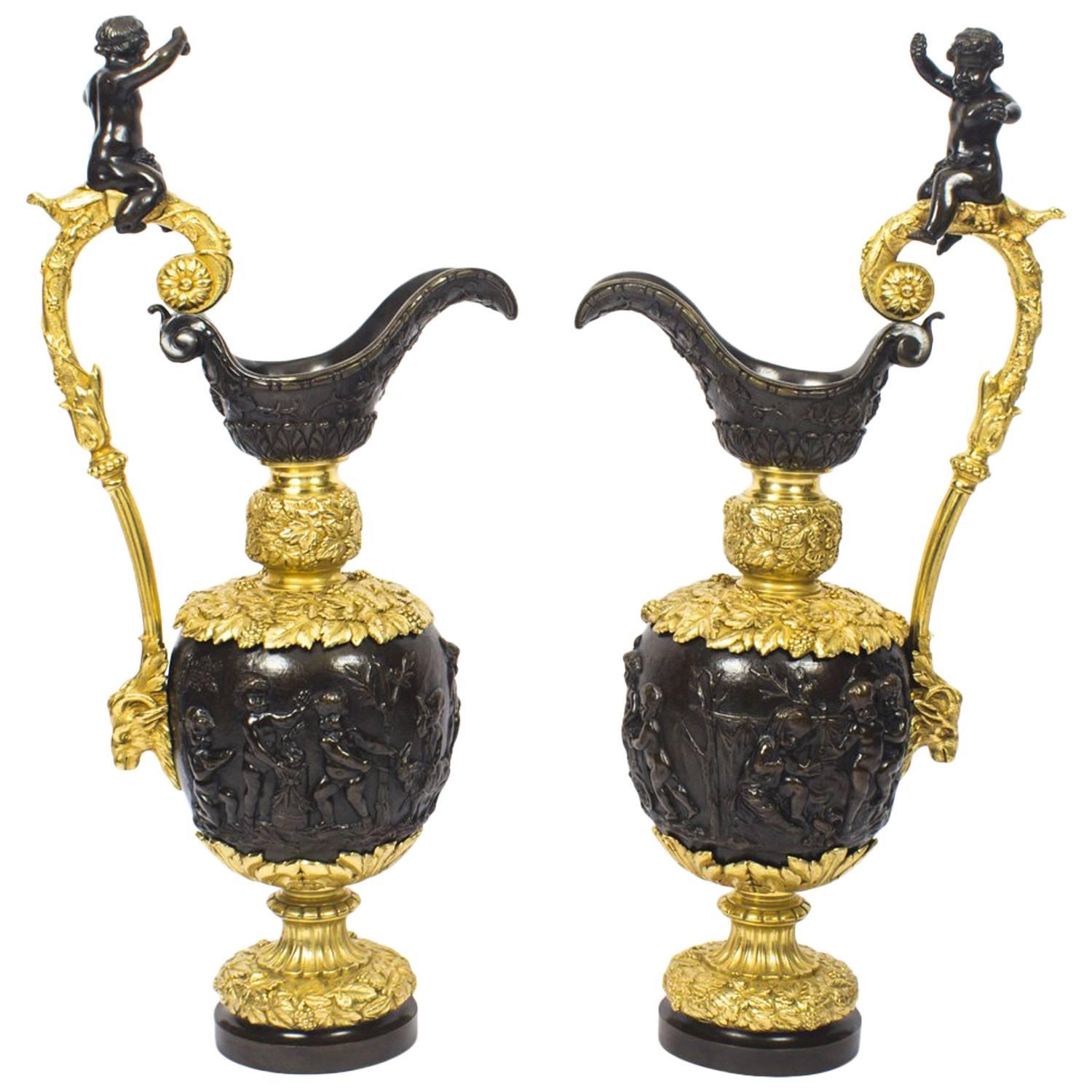 Antique Pair of French Gilt Bronze Ewers, 19th Century