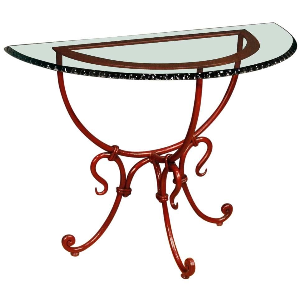 French Demilune Console Table in Red Painted Metal with Glass Top, 20th Century