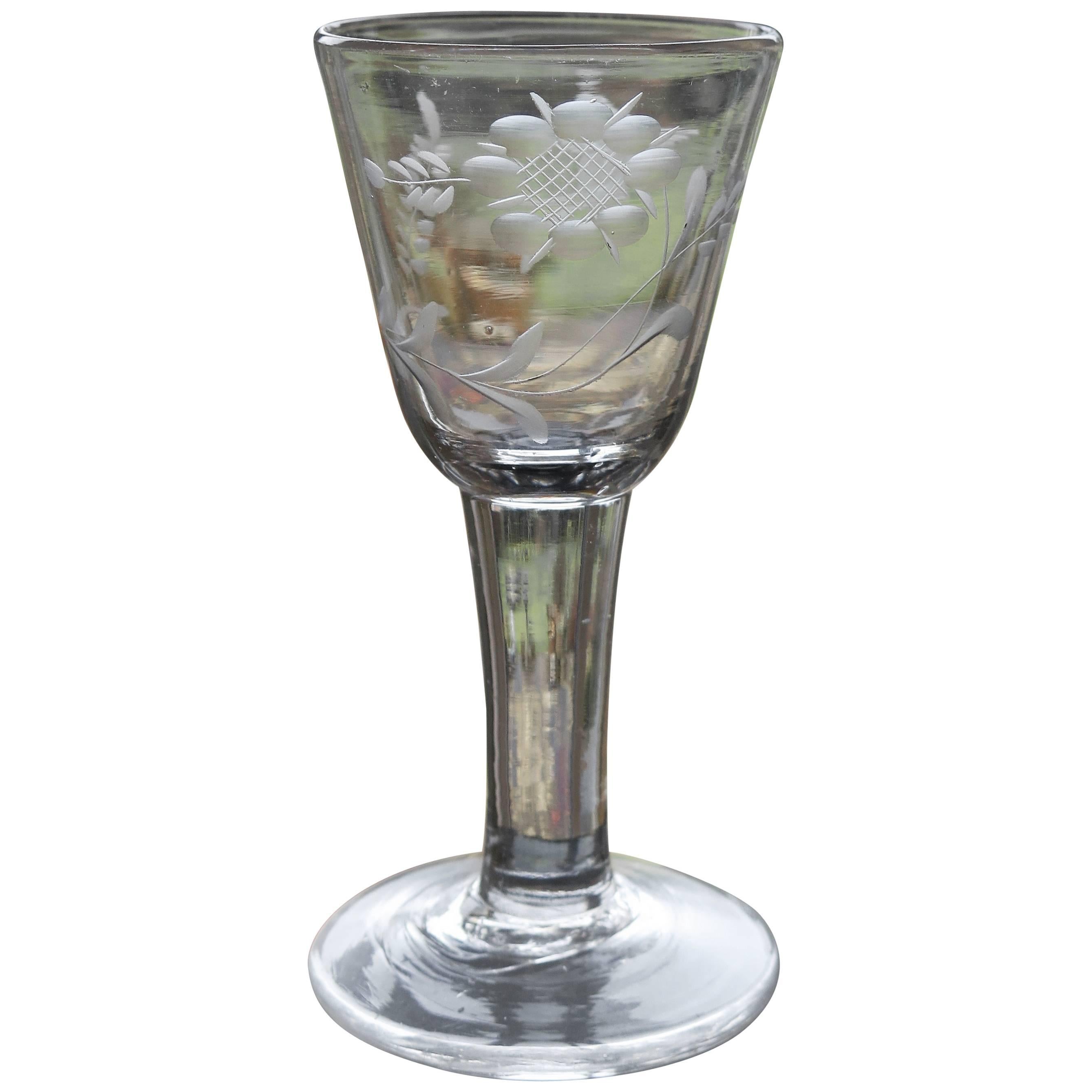 Mid-18th Century English Wine Drinking Glass Engraved Jacobite Rose, Handblown