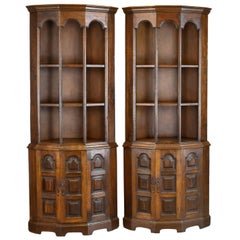 Vintage Pair of Tall, Mid-20th Century Corner Cabinets, Gothic Taste, English, Oak