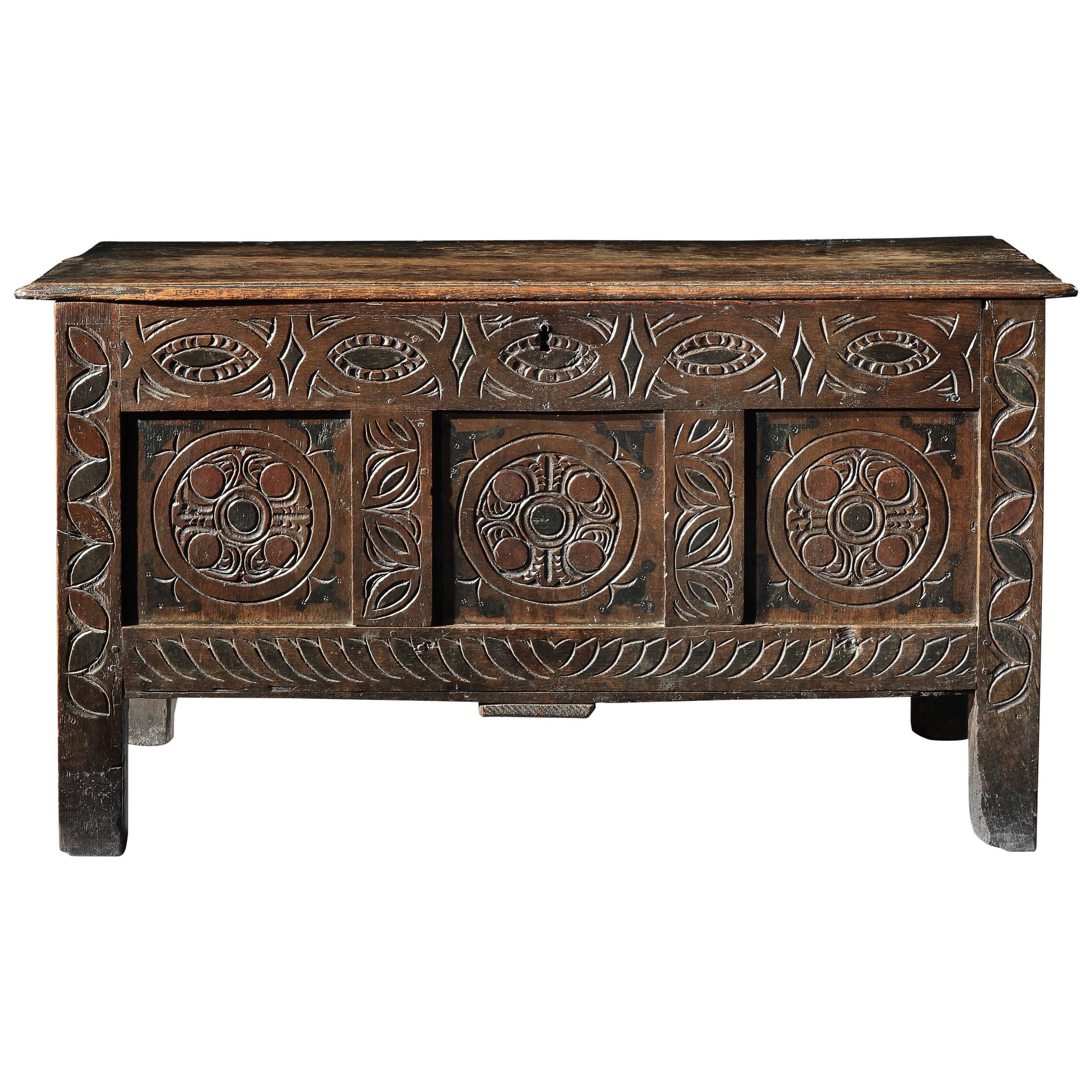 Early West Country Three-Panel Decorated Chest For Sale