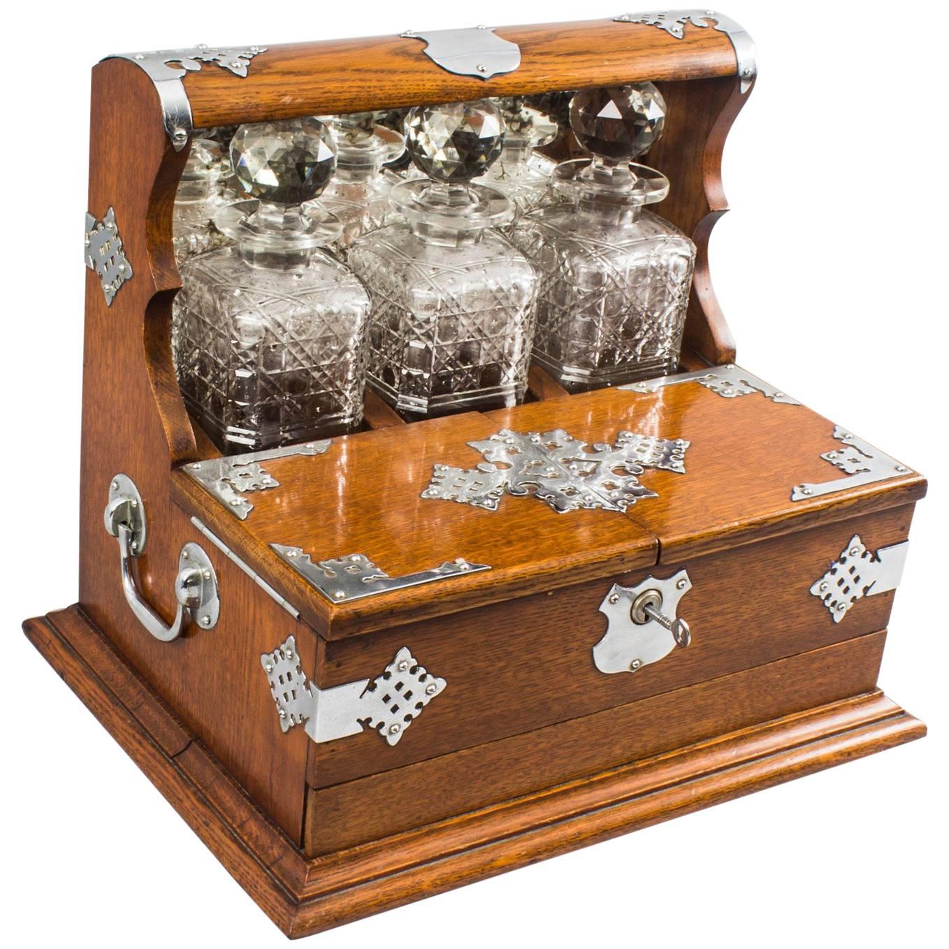 Antique English Victorian Oak Three Crystal Decanter Tantalus, 19th Century