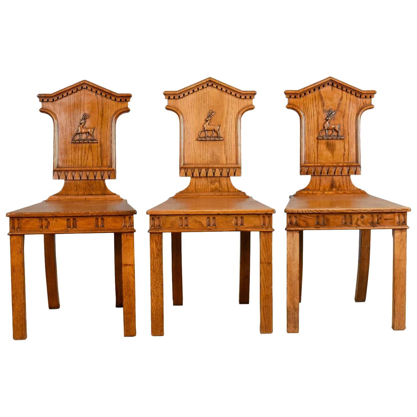 Set of Three Antique Hall Chairs, Oak, Scottish, Stag, Regency, circa 1820