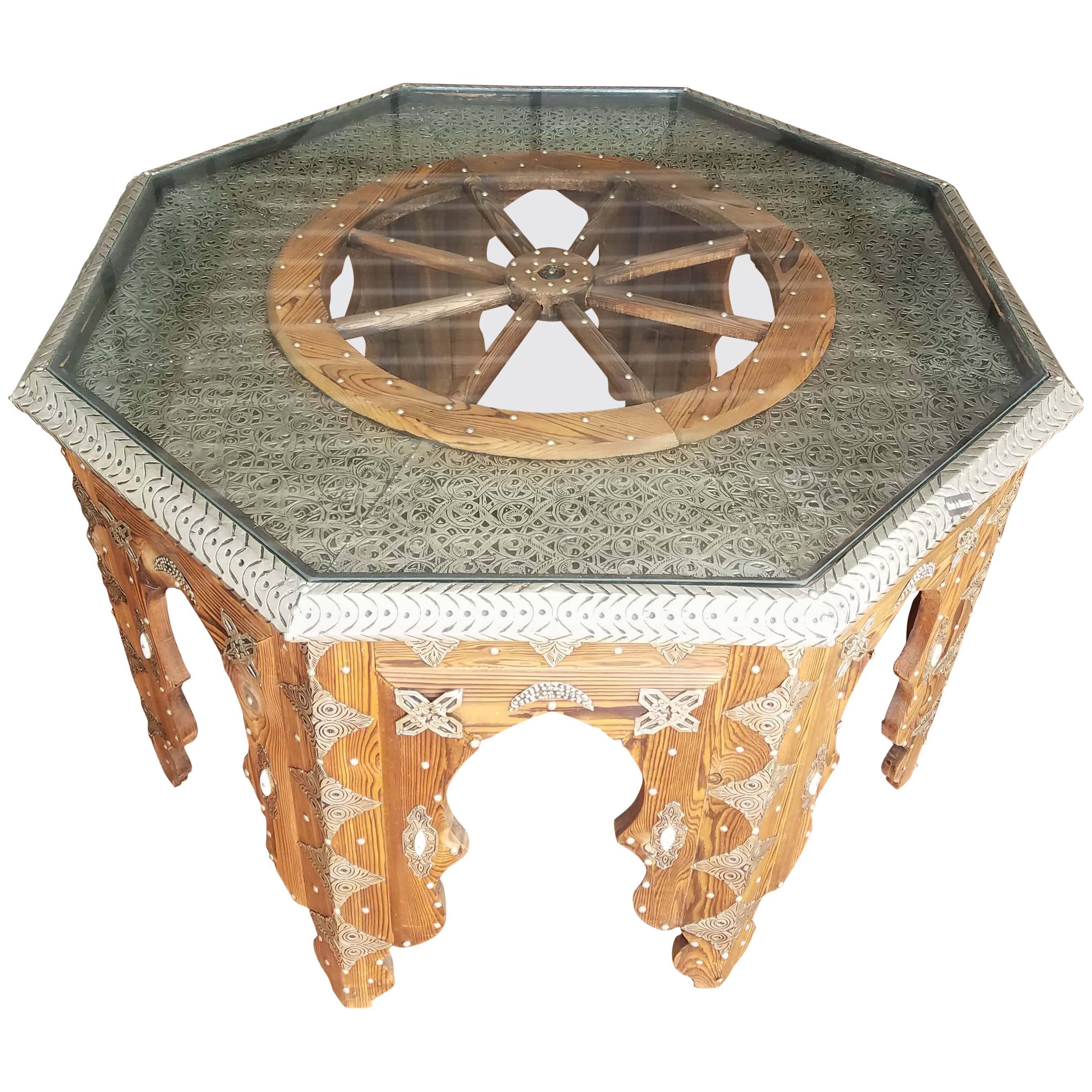 Moroccan Metal Inlaid Coffee Table, Ship's Wheel