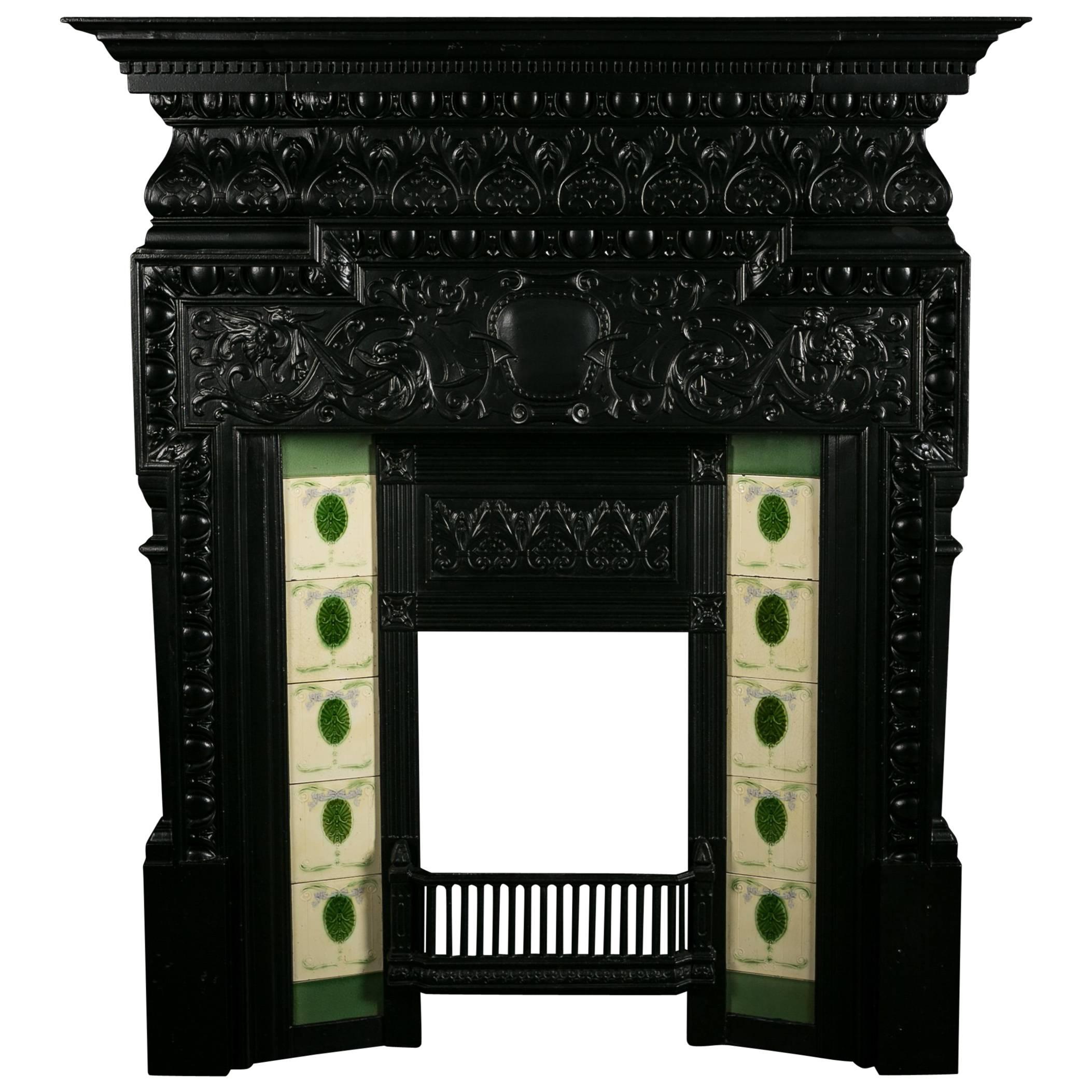 Cast Iron Coalbrookdale Arts & Crafts Fireplace Surround with Immaculate Tiles For Sale