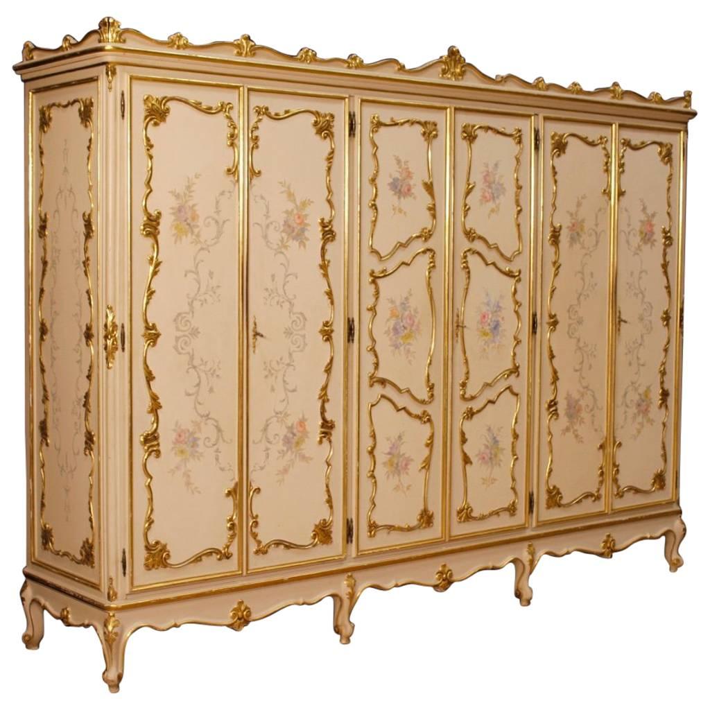 Italian Wardrobe in Lacquered, Gilt and Painted Wood with Six Doors 20th Century