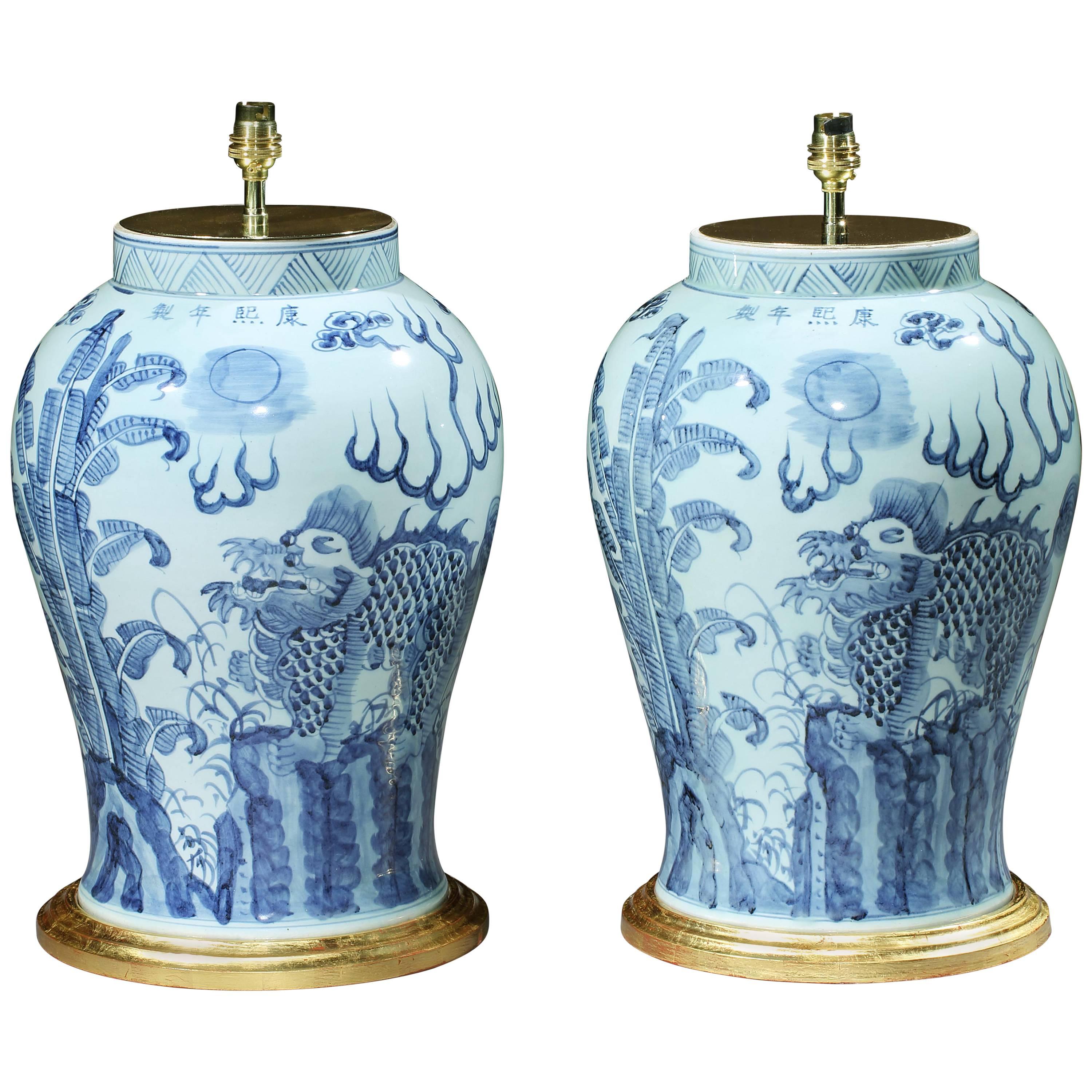 Pair of Blue and White Chinese Vases with Foo Dogs