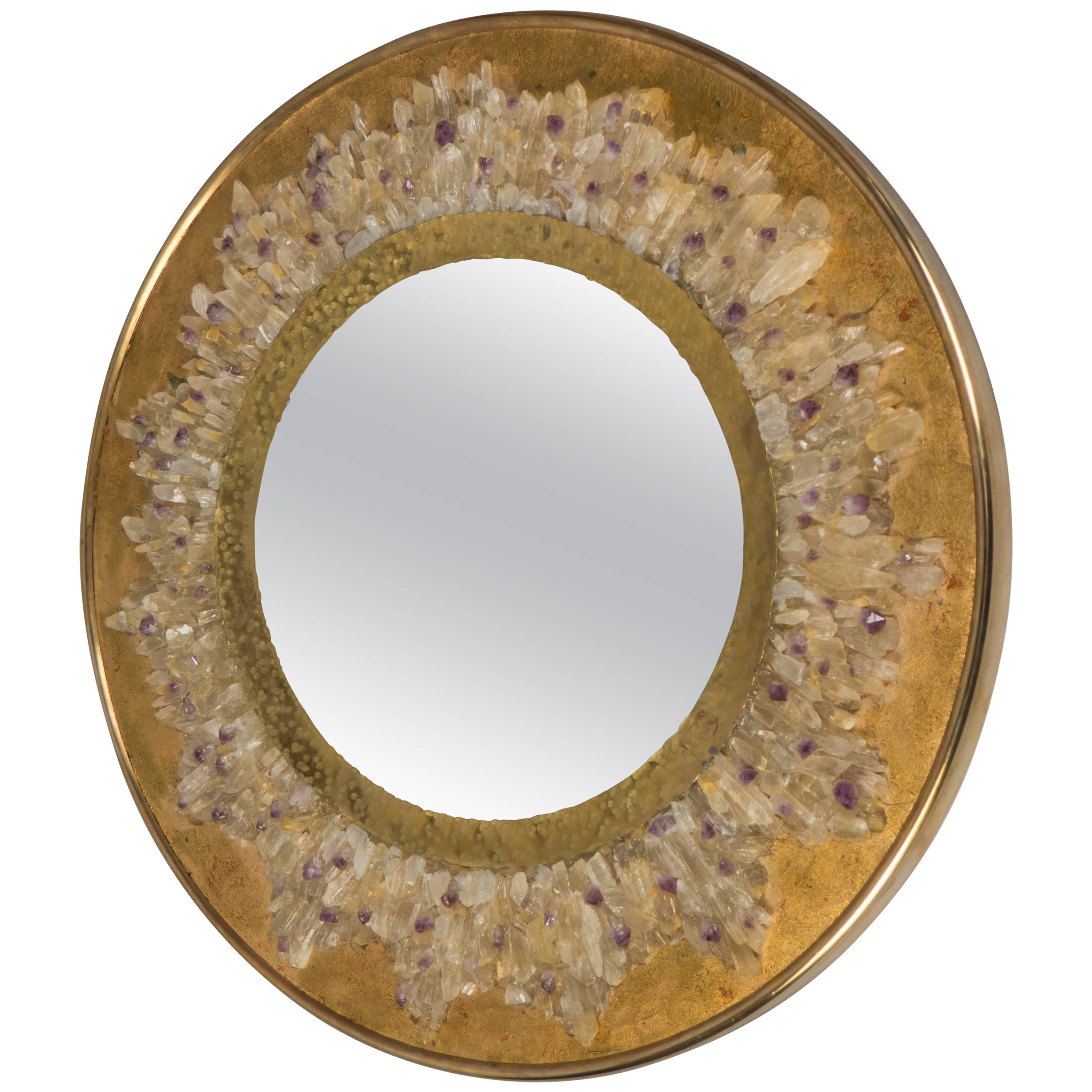 Fish-Eye Mirror with Quartz Crystals and Hammered Brass Frame, France, 2017