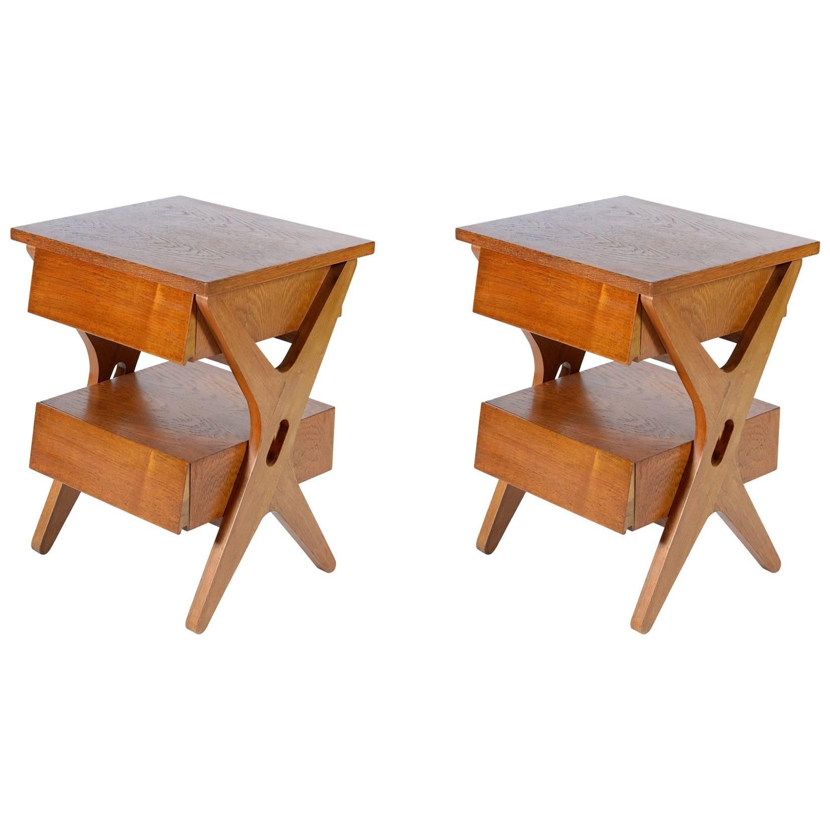 Pair of Italian Midcentury Tables or Nightstand with Double Drawer