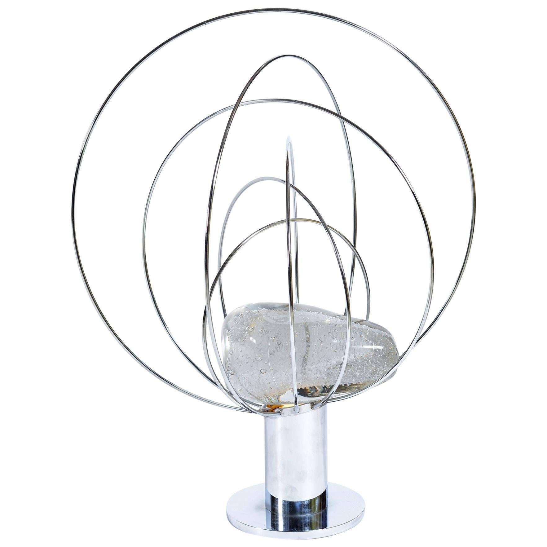 Angelo Brotto for Esperia Midcentury Modern chrome and Murano glass table lamp.
