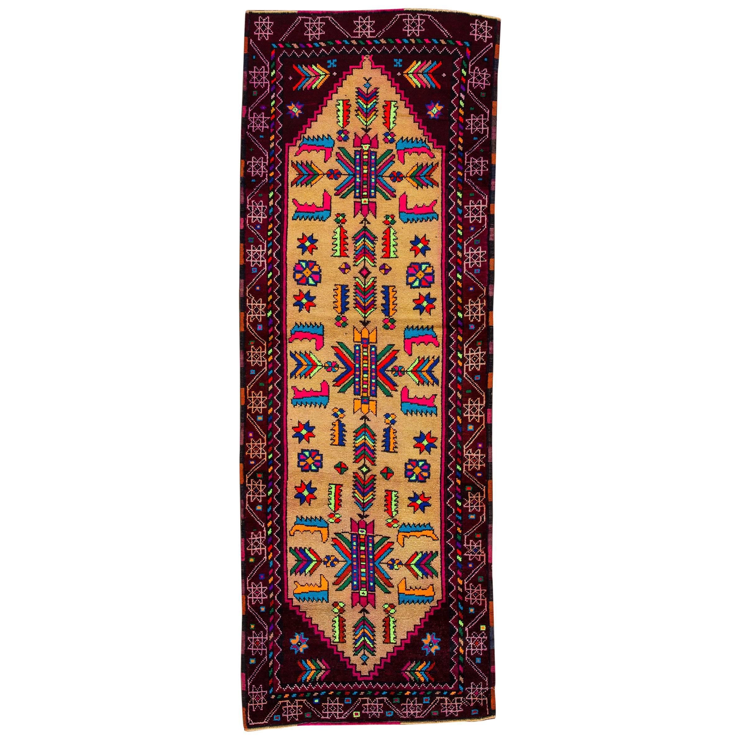 Vintage Multicolored Turkish Runner Rug For Sale