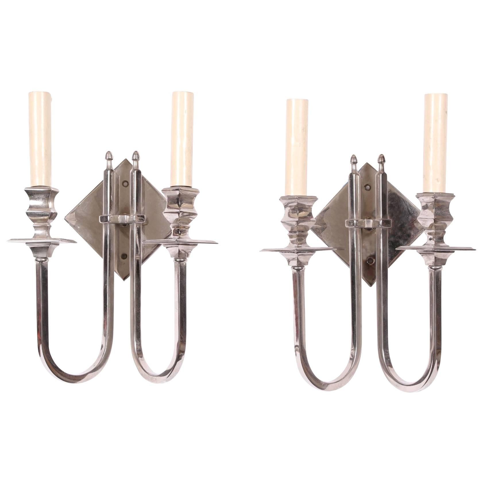 Pair of Chrome-Plated Brass Twin Light Wall Sconces
