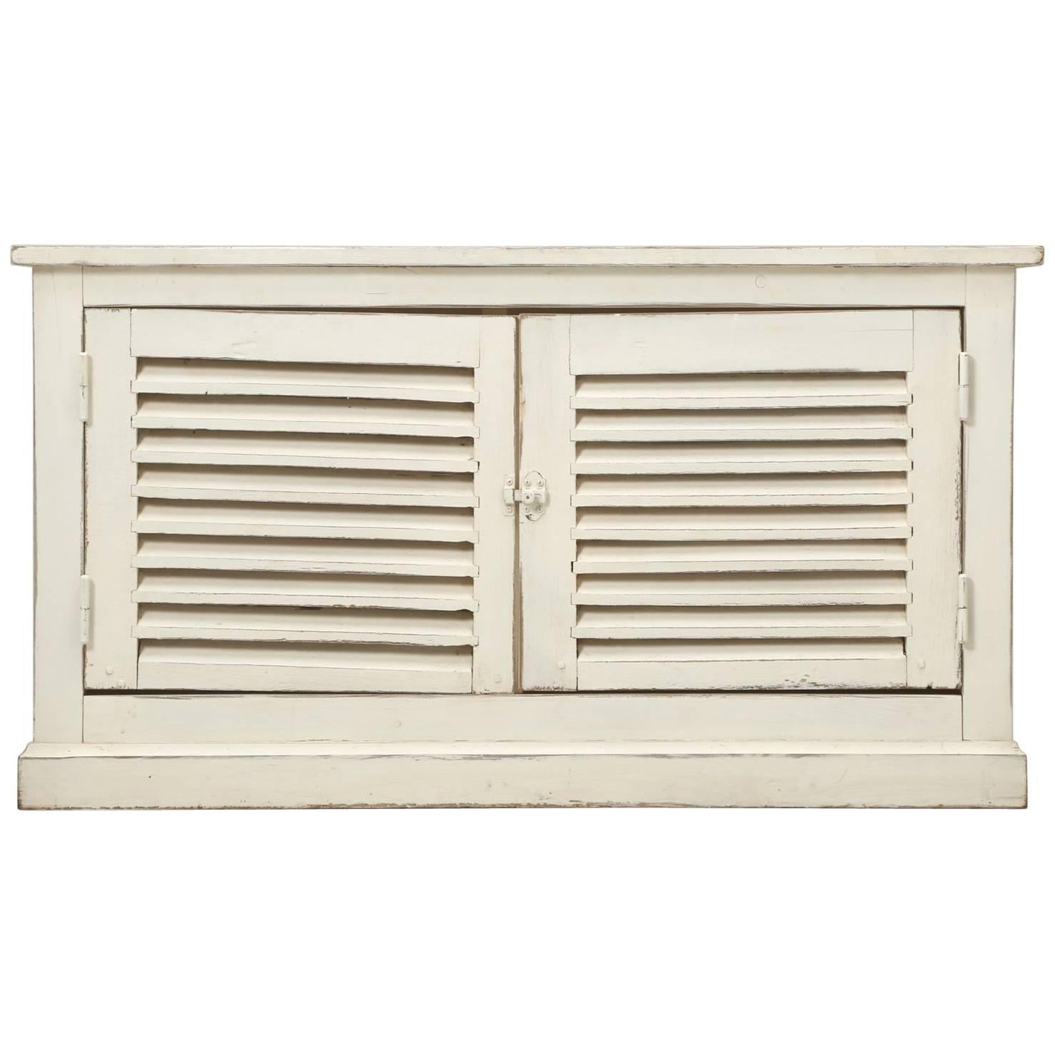 Country French Louvered Cabinet, Low Buffet Distressed White Paint From Brittany For Sale